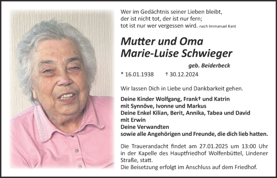 Traueranzeige von Marie-Luise Schwieger von Wolfenbütteler Zeitung