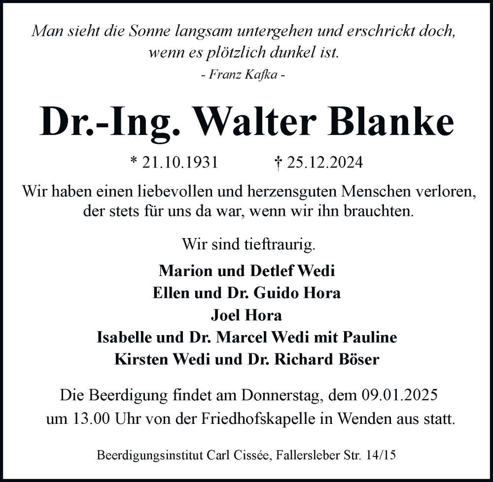  Traueranzeige für Walter Blanke vom 04.01.2025 aus 