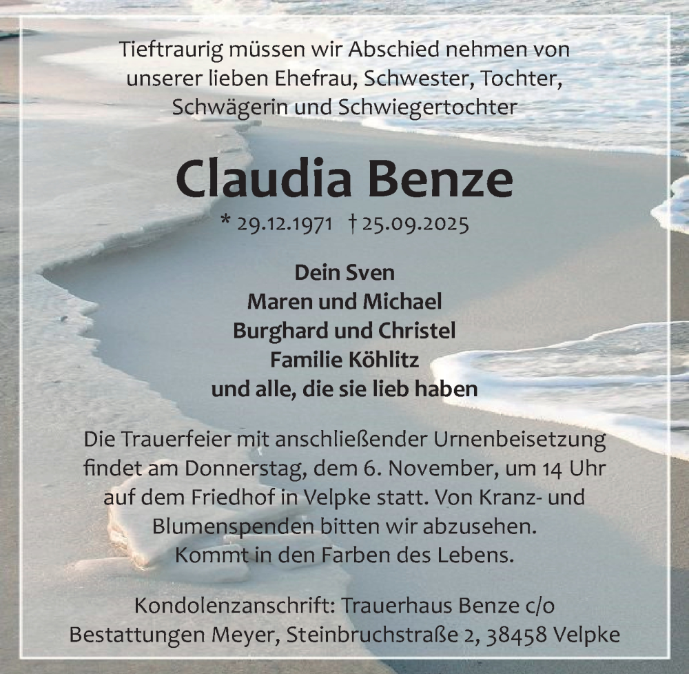  Traueranzeige für Claudia Benze vom 25.10.2025 aus Braunschweiger Zeitung, Wolfsburger Nachrichten