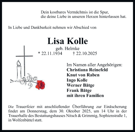 Traueranzeige von Lisa Kolle von Wolfenbütteler Zeitung