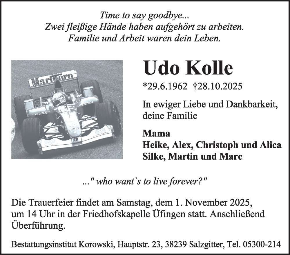  Traueranzeige für Udo Kolle vom 30.10.2025 aus Salzgitter-Zeitung