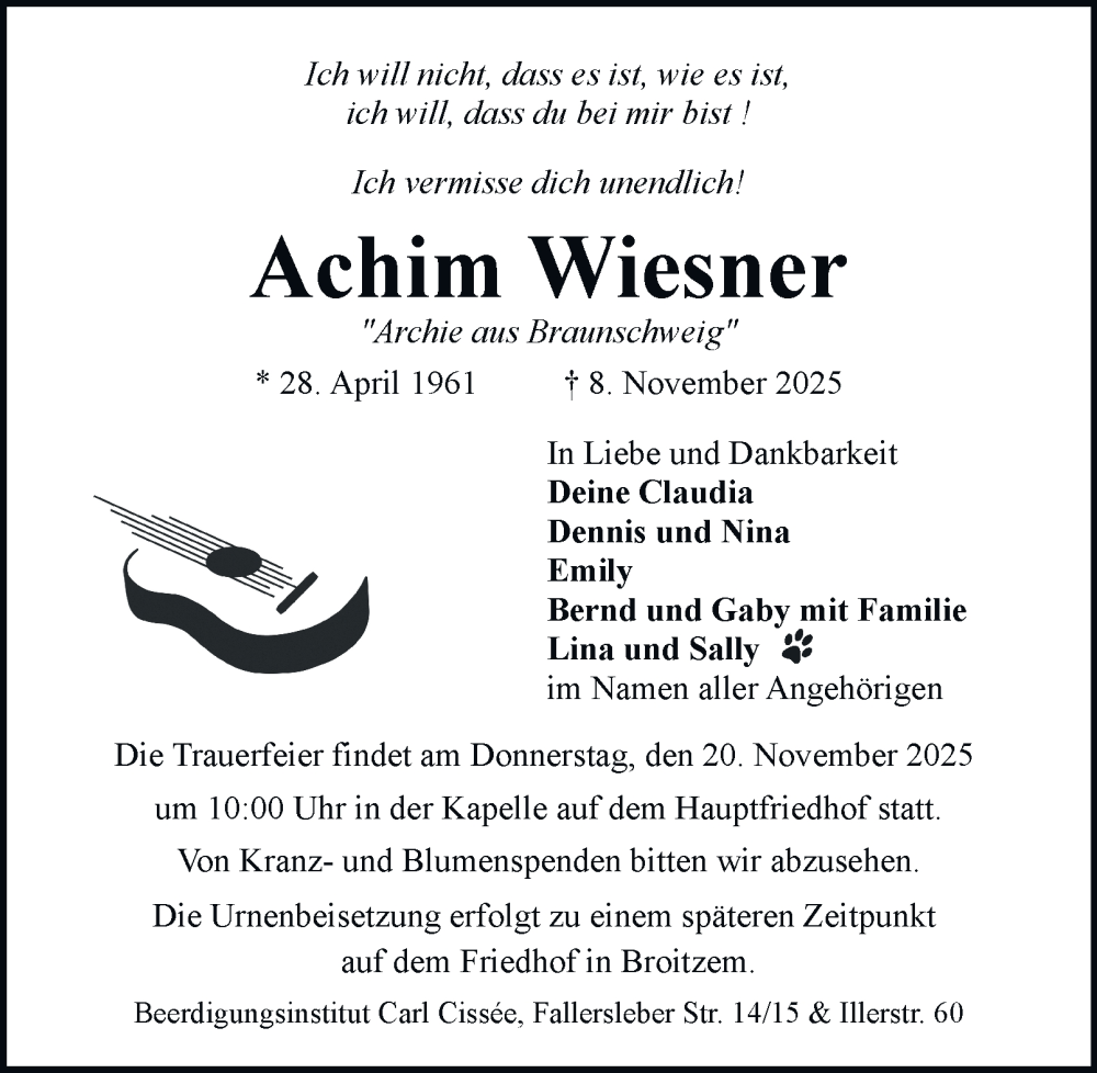  Traueranzeige für Achim Wiesner vom 15.11.2025 aus Braunschweiger Zeitung
