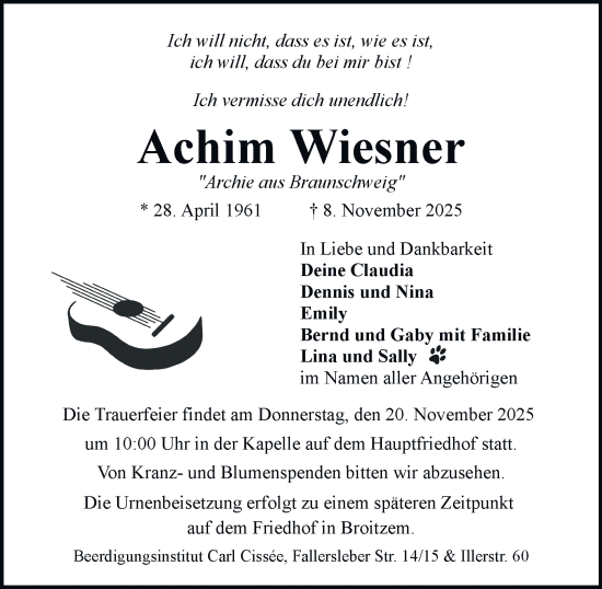 Traueranzeige von Achim Wiesner von Braunschweiger Zeitung