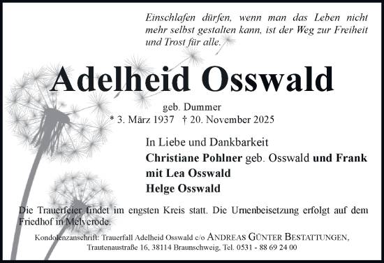 Traueranzeige von Adelheid Osswald von Braunschweiger Zeitung