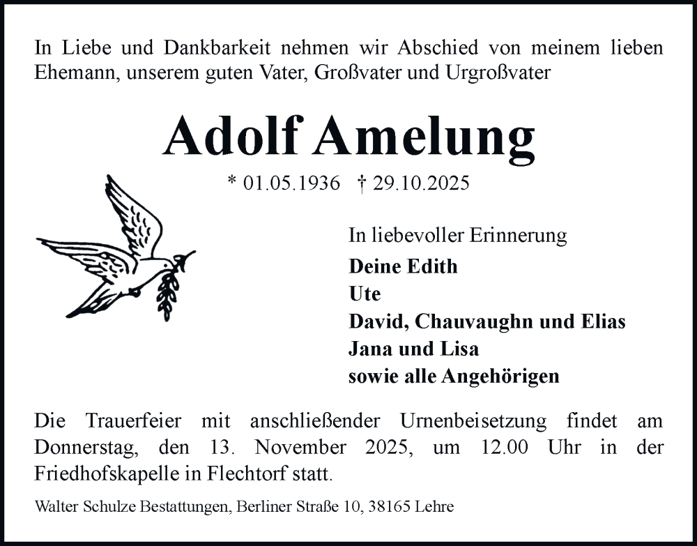  Traueranzeige für Adolf Amelung vom 08.11.2025 aus Helmstedter Nachrichten