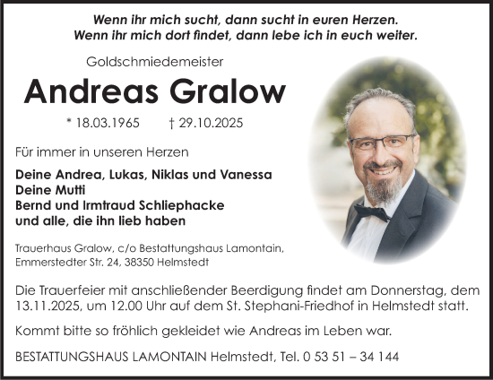 Traueranzeige von Andreas Gralow von Helmstedter Nachrichten