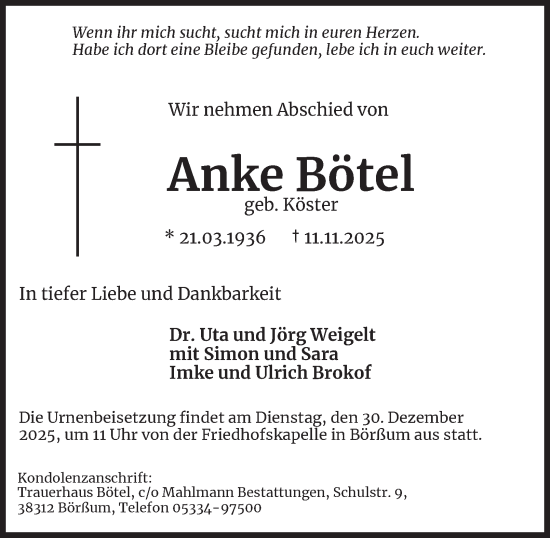 Traueranzeige von Anke Bötel von Wolfenbütteler Zeitung