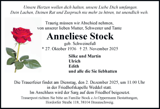 Traueranzeige von Anneliese Stock von Braunschweiger Zeitung