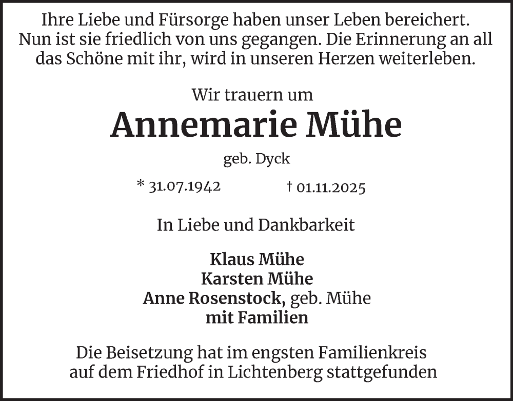  Traueranzeige für Annemarie Mühe vom 12.11.2025 aus Salzgitter-Zeitung