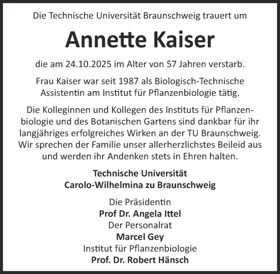 Traueranzeige von Annette Kaiser von Braunschweiger Zeitung
