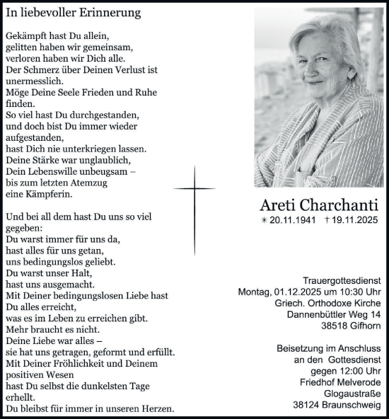 Traueranzeige von Areti Charchanti von Braunschweiger Zeitung