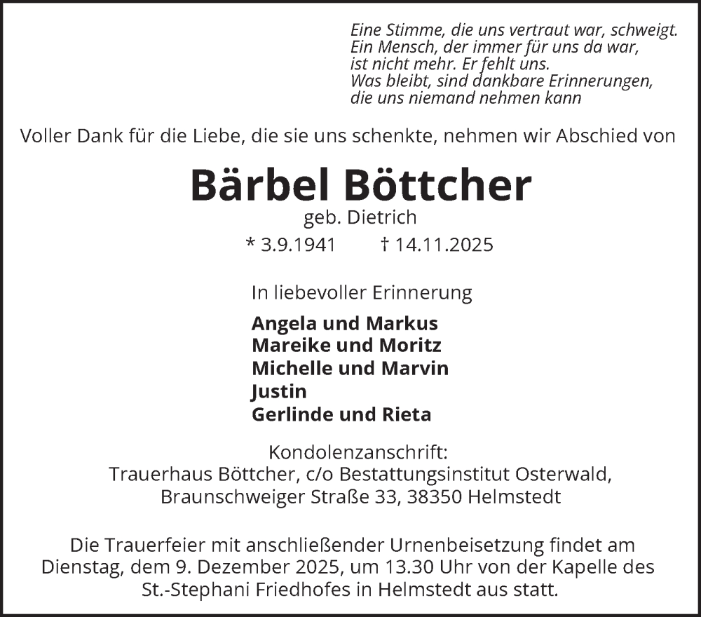  Traueranzeige für Bärbel Böttcher vom 29.11.2025 aus Helmstedter Nachrichten