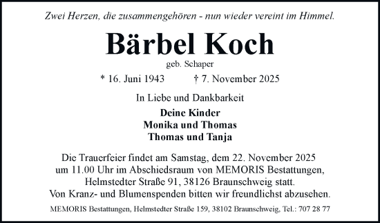 Traueranzeige von Bärbel Koch von Braunschweiger Zeitung
