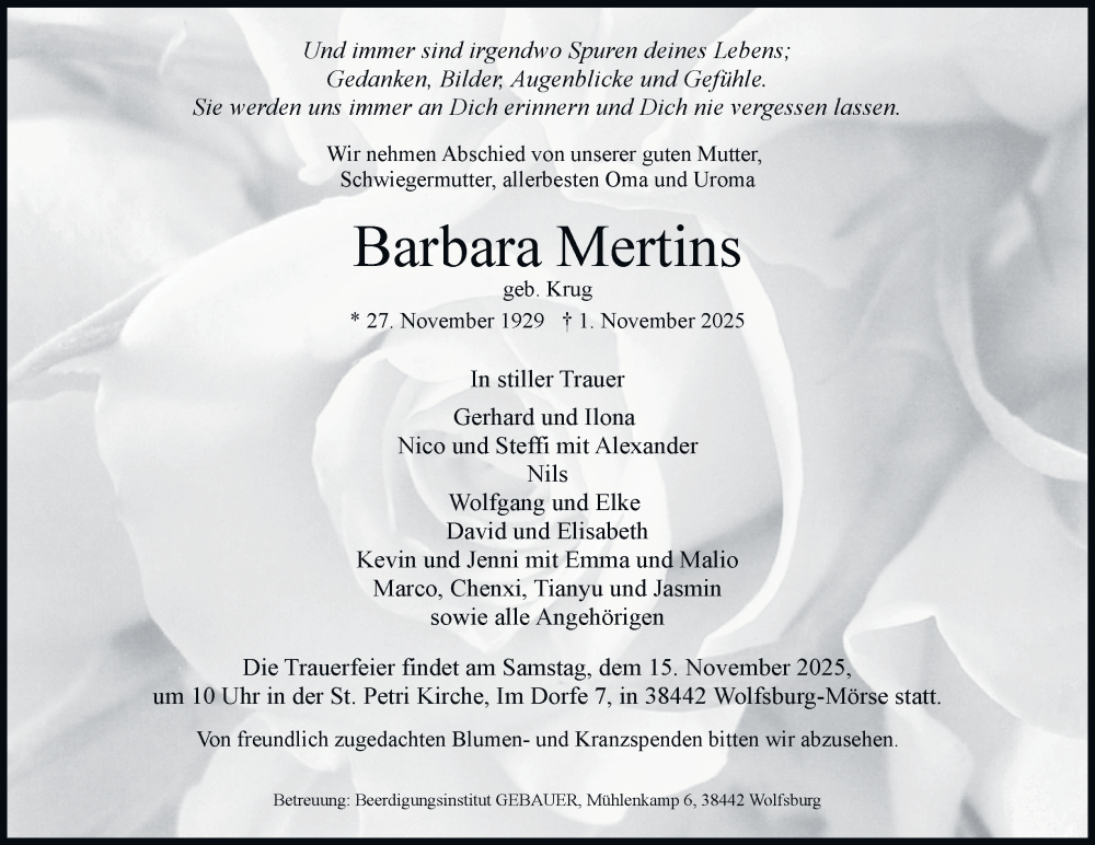  Traueranzeige für Barbara Mertins vom 08.11.2025 aus Braunschweiger Zeitung, Wolfsburger Nachrichten