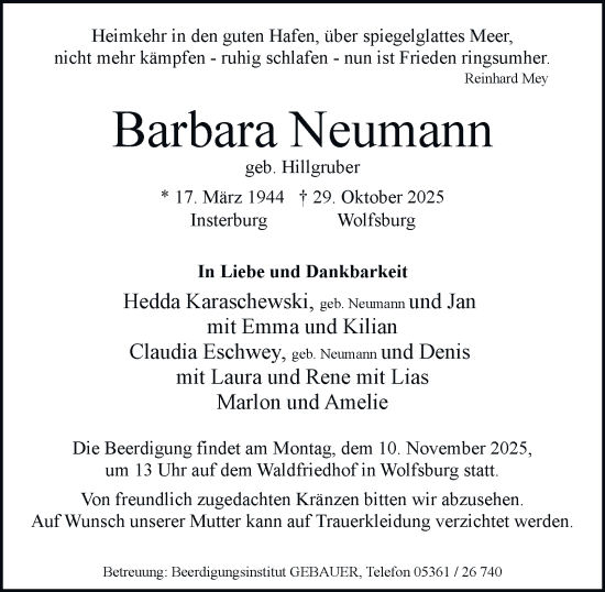 Traueranzeige von Barbara Neumann von Braunschweiger Zeitung, Wolfsburger Nachrichten