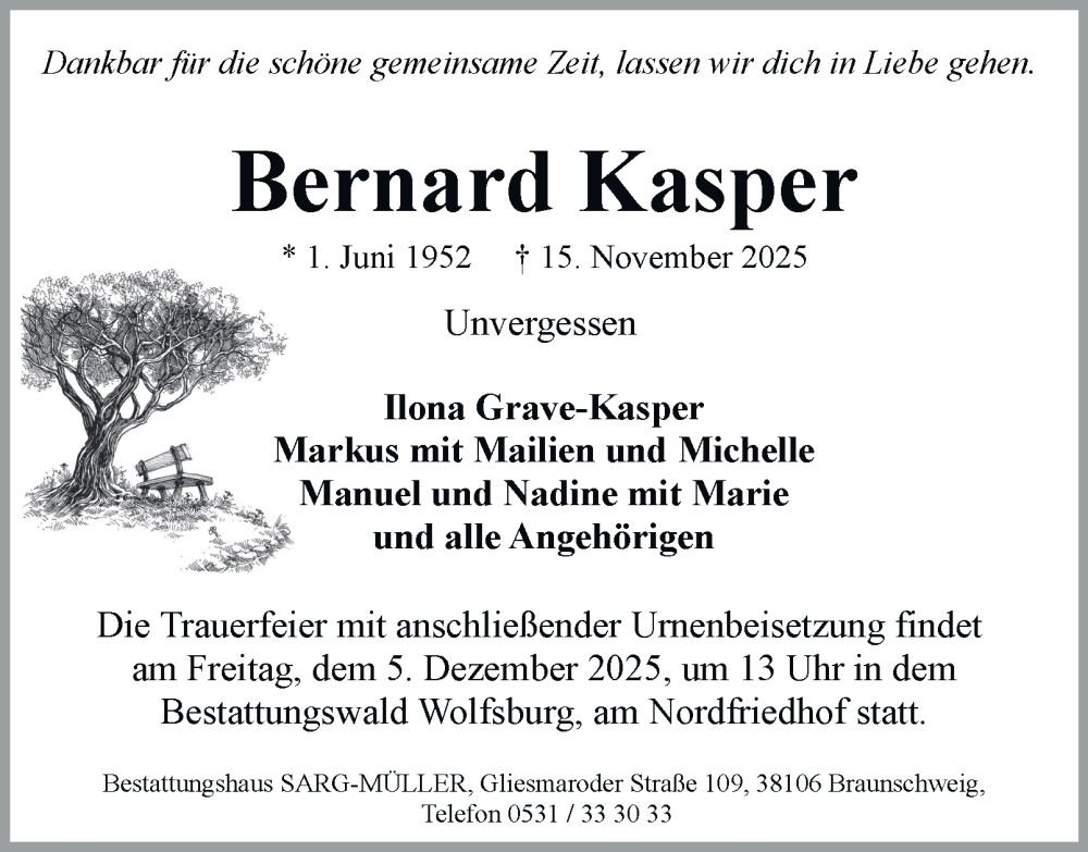  Traueranzeige für Bernard Kasper vom 29.11.2025 aus Braunschweiger Zeitung, Wolfsburger Nachrichten