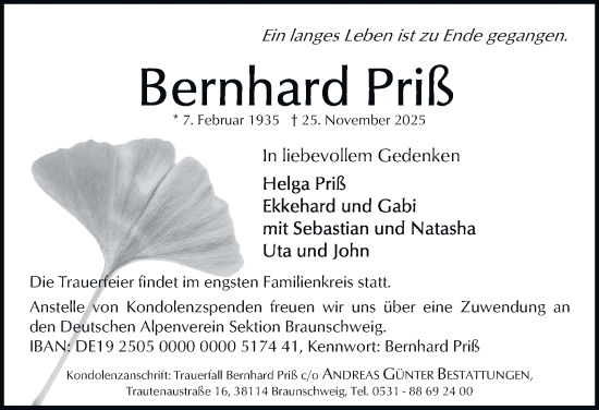 Traueranzeige von Bernhard Priß von Braunschweiger Zeitung