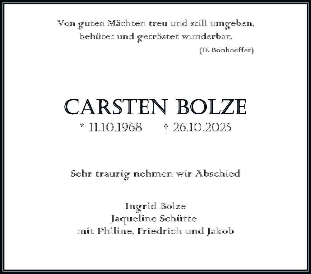  Traueranzeige für Carsten Bolze vom 08.11.2025 aus Salzgitter-Zeitung