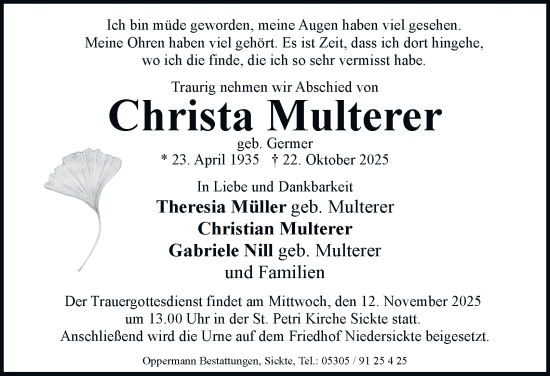 Traueranzeige von Christa Multerer von Braunschweiger Zeitung