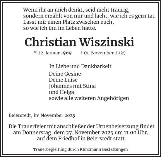 Traueranzeige von Christian Wiszinski von Helmstedter Nachrichten