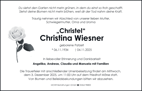 Traueranzeige von Christina Wiesner von Braunschweiger Zeitung, Wolfsburger Nachrichten
