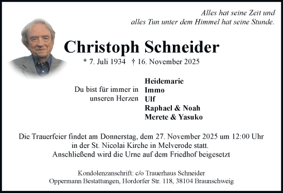 Traueranzeige von Christoph Schneider von Braunschweiger Zeitung