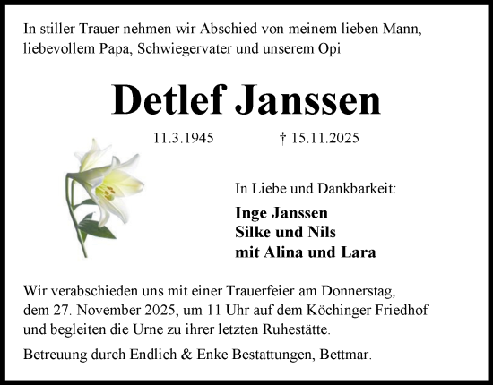 Traueranzeige von Detlef Janssen von Braunschweiger Zeitung