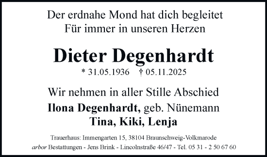 Traueranzeige von Dieter Degenhardt von Braunschweiger Zeitung