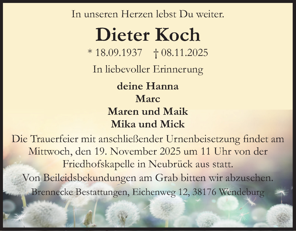  Traueranzeige für Dieter Koch vom 15.11.2025 aus Braunschweiger Zeitung