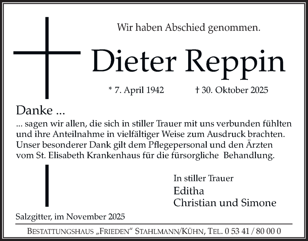  Traueranzeige für Dieter Reppin vom 15.11.2025 aus Salzgitter-Zeitung