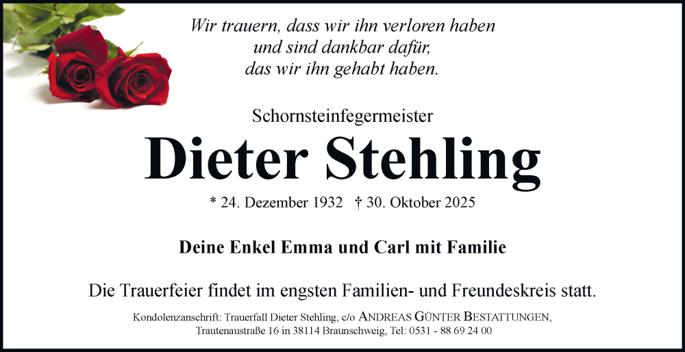  Traueranzeige für Dieter Stehling vom 22.11.2025 aus Braunschweiger Zeitung