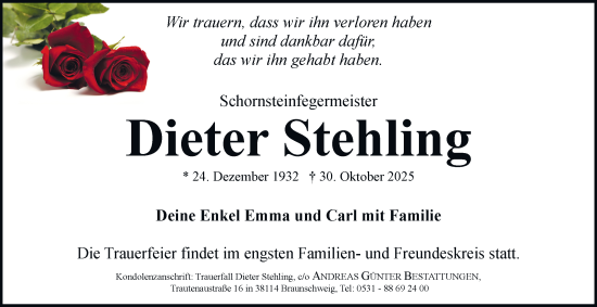Traueranzeige von Dieter Stehling von Braunschweiger Zeitung