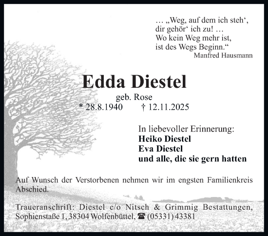 Traueranzeige von Edda Diestel von Wolfenbütteler Zeitung