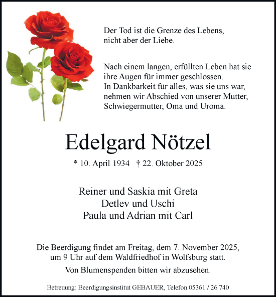 Traueranzeige von Edelgard Nötzel von Braunschweiger Zeitung, Wolfsburger Nachrichten