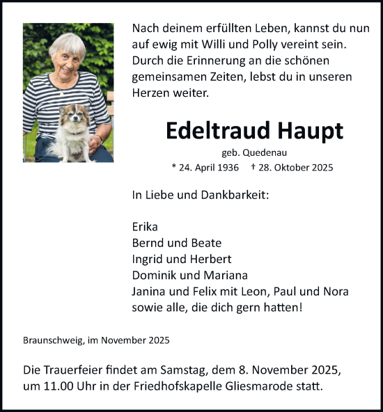 Traueranzeige von Edeltraud Haupt von Braunschweiger Zeitung