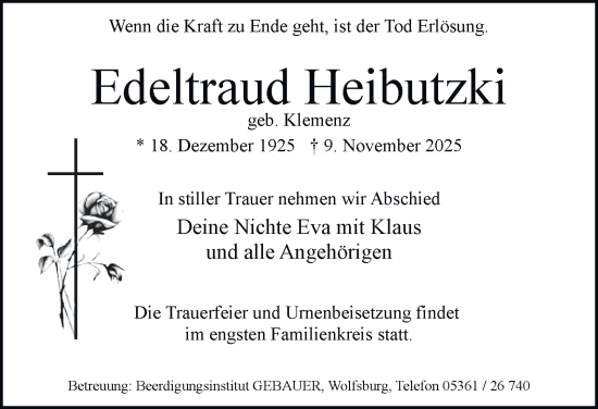 Traueranzeige von Edeltraud Heibutzki von Helmstedter Nachrichten