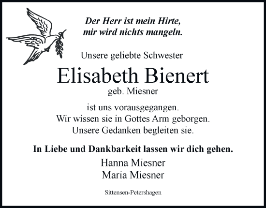 Traueranzeige von Elisabeth Bienert von Braunschweiger Zeitung, Wolfsburger Nachrichten