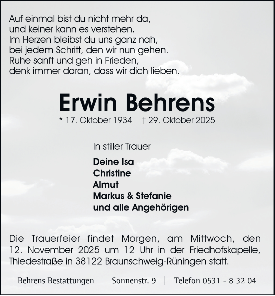 Traueranzeige von Erwin Behrens von Braunschweiger Zeitung