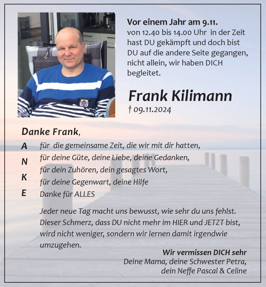  Traueranzeige für Frank Kilimann vom 08.11.2025 aus Salzgitter-Zeitung