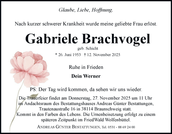 Traueranzeige von Gabriele Brachvogel von Braunschweiger Zeitung