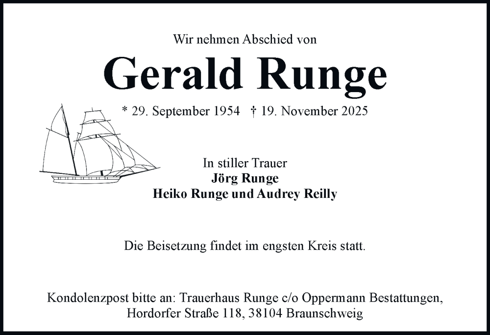  Traueranzeige für Gerald Runge vom 29.11.2025 aus Braunschweiger Zeitung