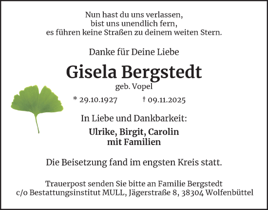 Traueranzeige von Gisela Bergstedt von Braunschweiger Zeitung