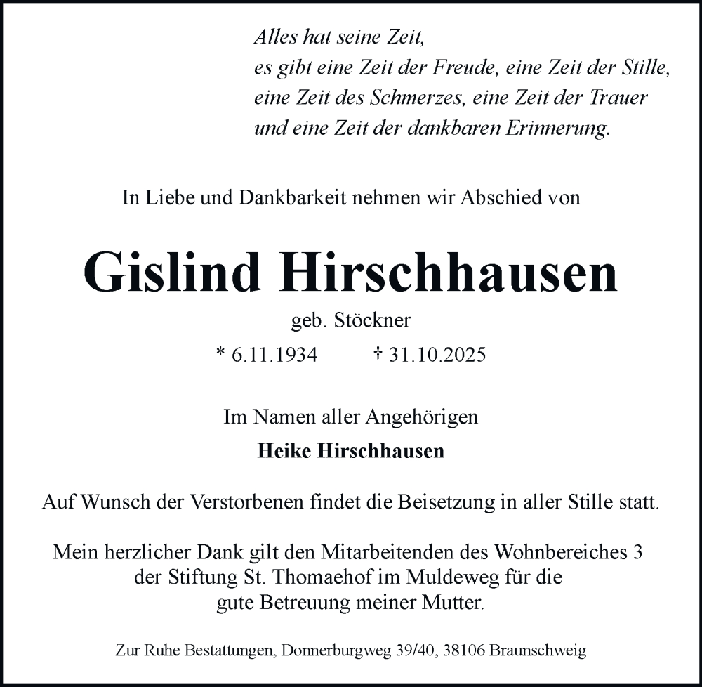  Traueranzeige für Gislind Hirschhausen vom 08.11.2025 aus Braunschweiger Zeitung