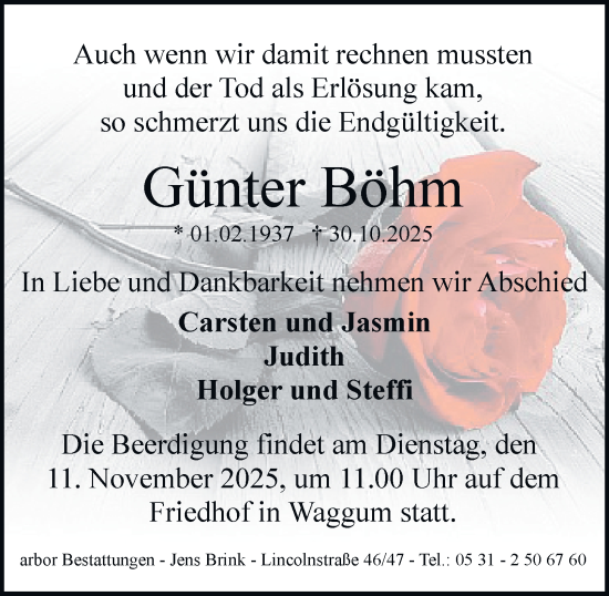 Traueranzeige von Günter Böhm von Braunschweiger Zeitung