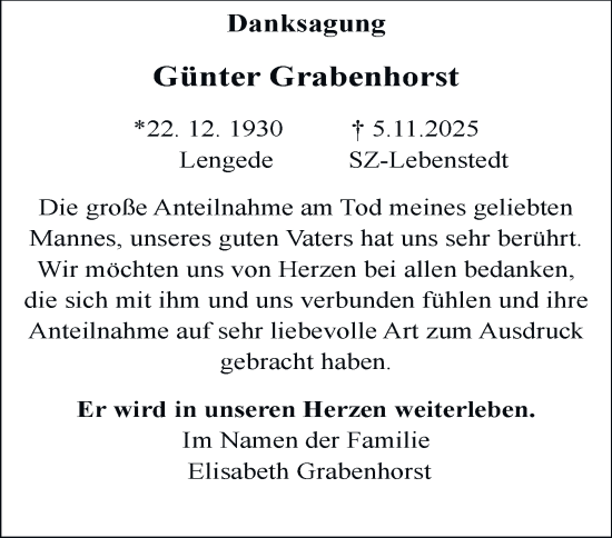 Traueranzeige von Günter Grabenhorst von Salzgitter-Zeitung, Peiner Nachrichten