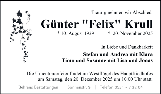 Traueranzeige von Günter Krull von Braunschweiger Zeitung