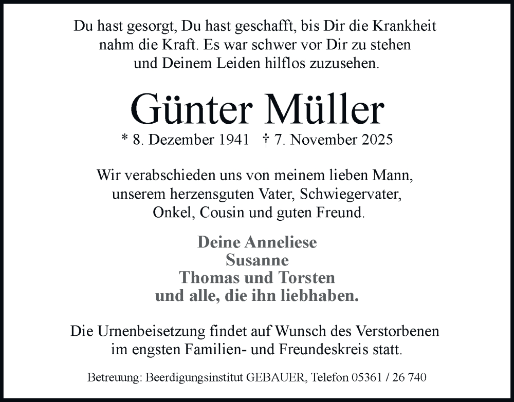  Traueranzeige für Günter Müller vom 22.11.2025 aus Braunschweiger Zeitung, Wolfsburger Nachrichten