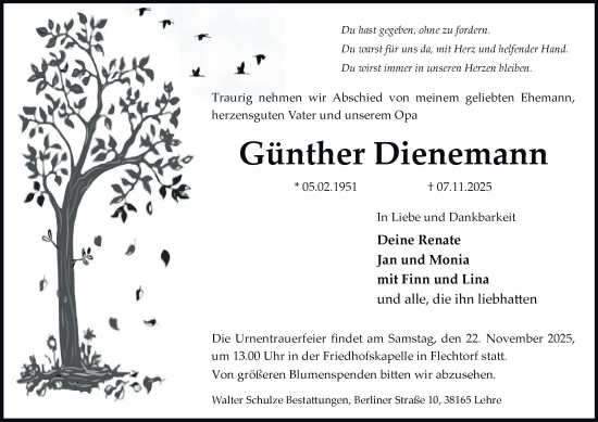 Traueranzeige von Günther Dienemann von Helmstedter Nachrichten