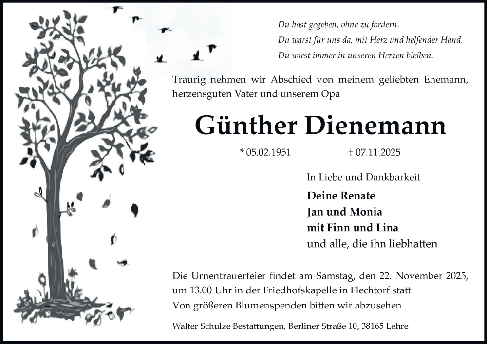  Traueranzeige für Günther Dienemann vom 15.11.2025 aus Helmstedter Nachrichten