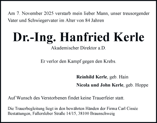 Traueranzeige von Hanfried Kerle von Braunschweiger Zeitung